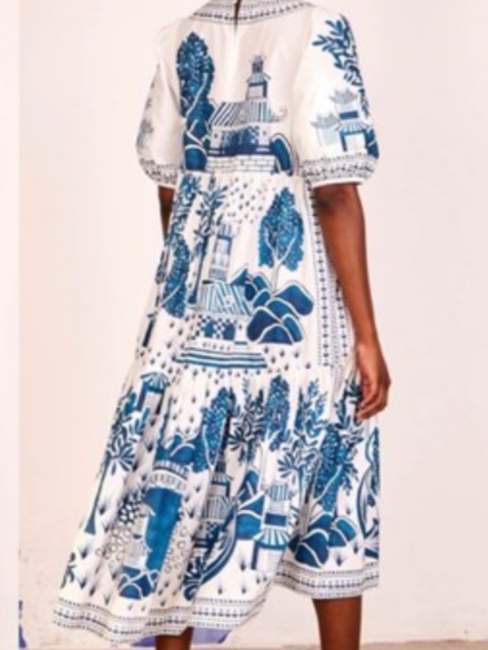 FARM RIO CHINOISERIE ENCHANTED GARDEN MIDI DRESS BLUE SMALL - Picture 2 of 9